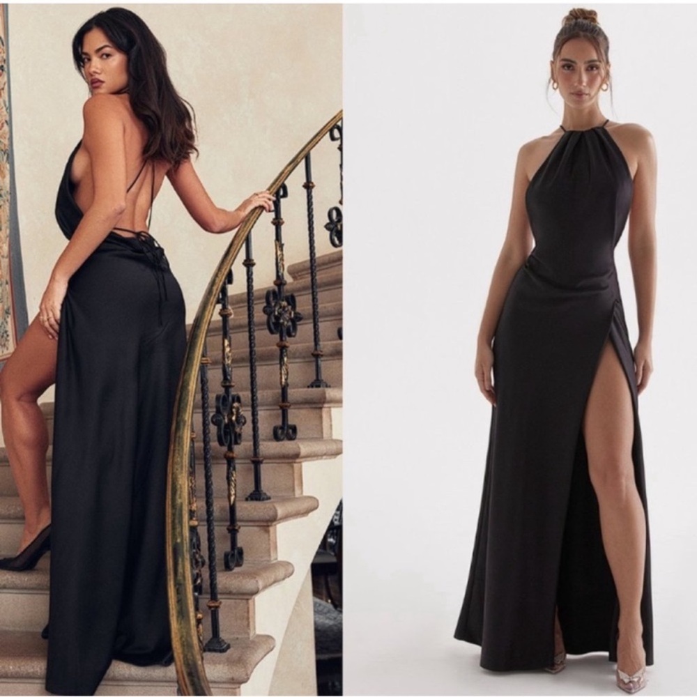 NWOT HOUSE OF CB Zanab Black Thigh Slit Open Back Maxi Dress